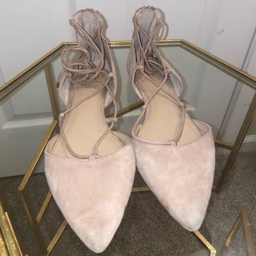 Vince Camuto ballerina flats: nude suede pointed toe laced flats